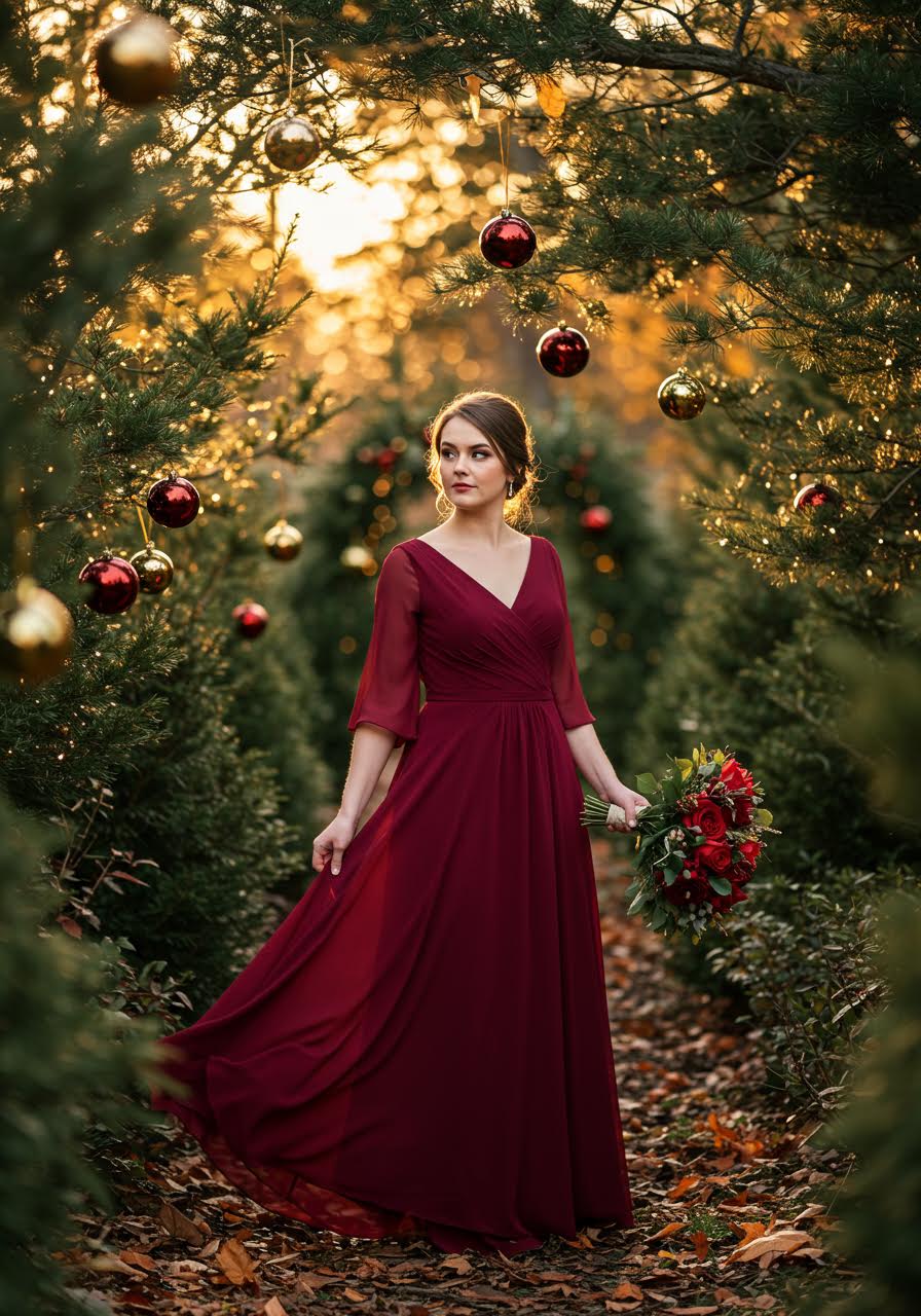 Cranberry chiffon bridesmaid dress in winter garden with evergreen trees and holiday decorations