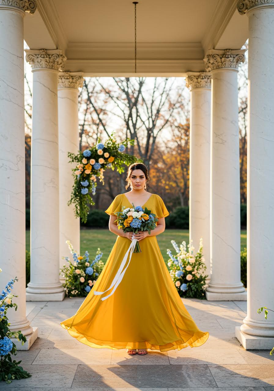 Mustard yellow chiffon bridesmaid dress with flutter sleeves in garden pavilion