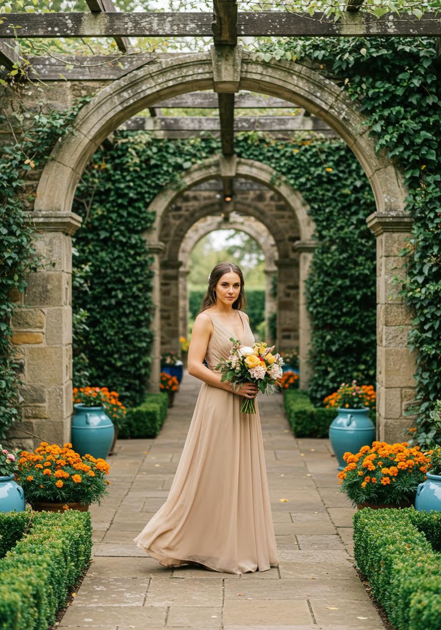 Camel and beige floor-length bridesmaid dress in garden courtyard with stone archways