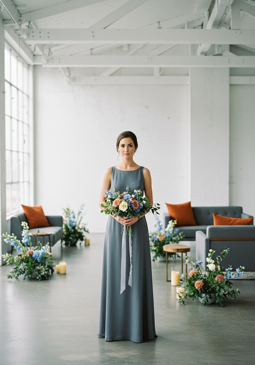 Slate grey minimalist bridesmaid gown in contemporary white and concrete venue