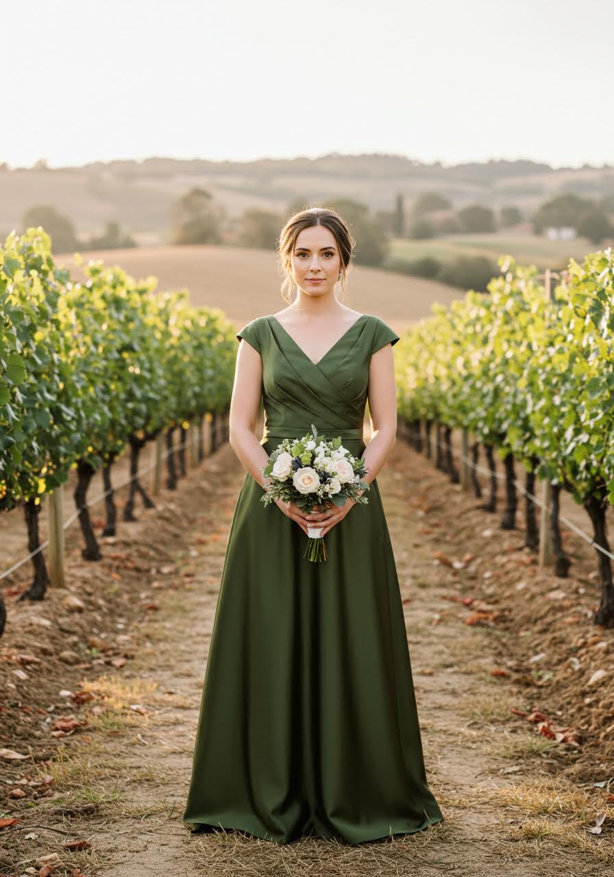 Olive green satin A-line bridesmaid dress in rustic vineyard setting with wine barrels