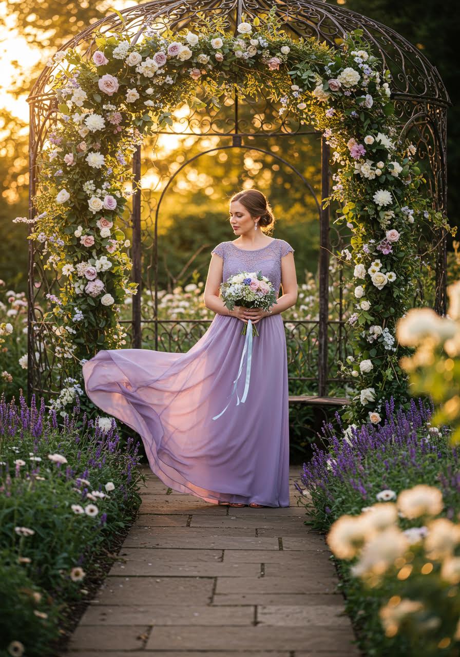 Dusty purple chiffon bridesmaid dress with lace details in romantic garden pavilion