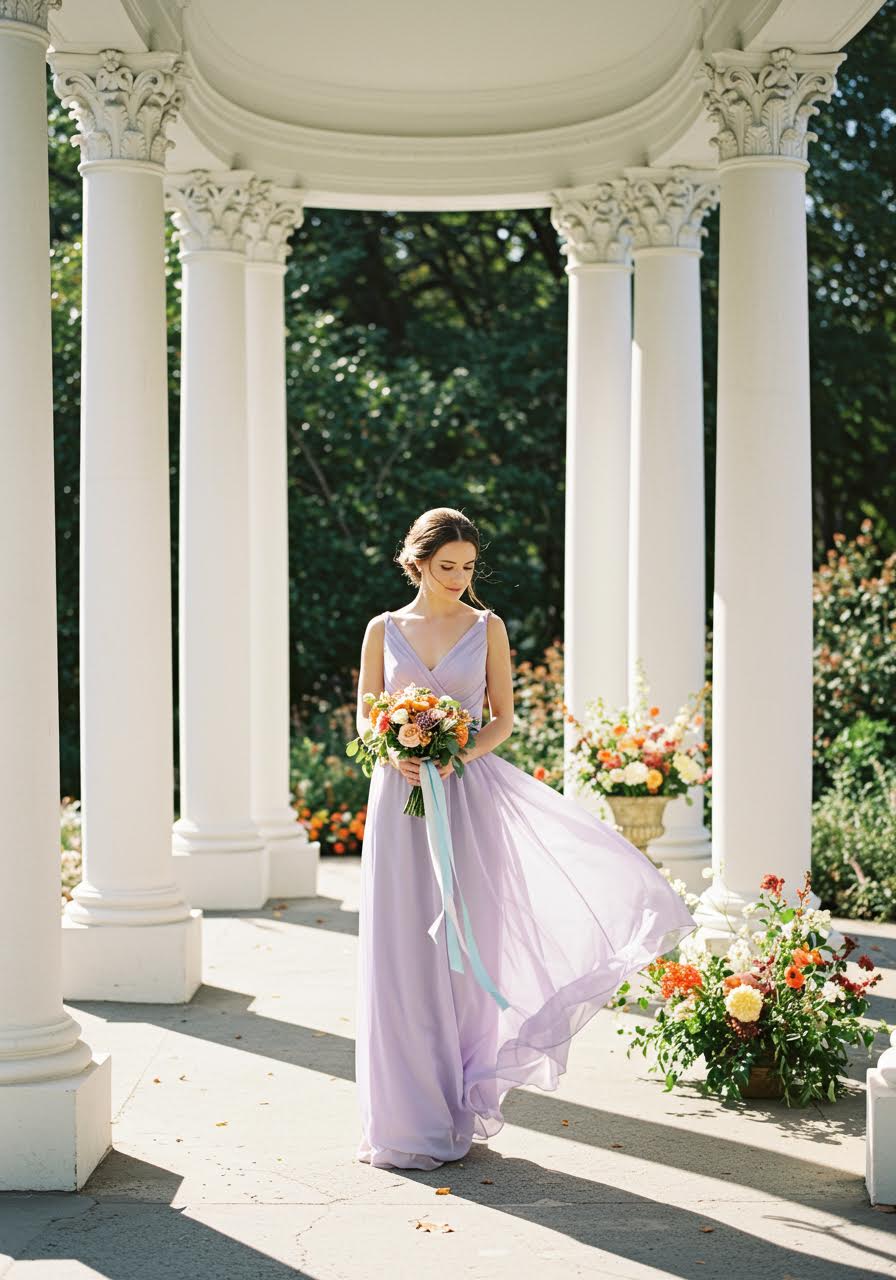 Lilac chiffon bridesmaid dress with delicate draping in garden pavilion setting