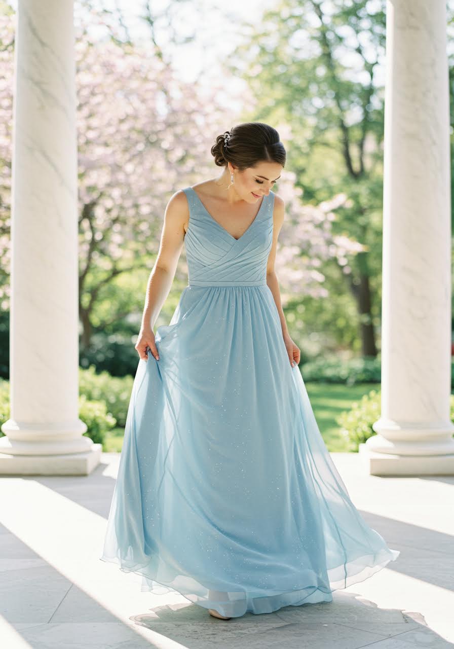 Baby blue chiffon bridesmaid gown with pleating in garden pavilion with white columns