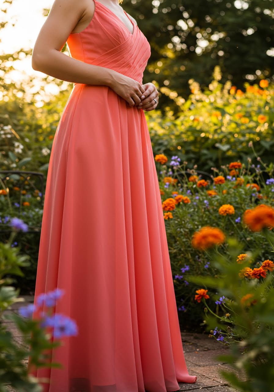 Coral chiffon bridesmaid dresses in sunlit garden terrace with vibrant summer flowers