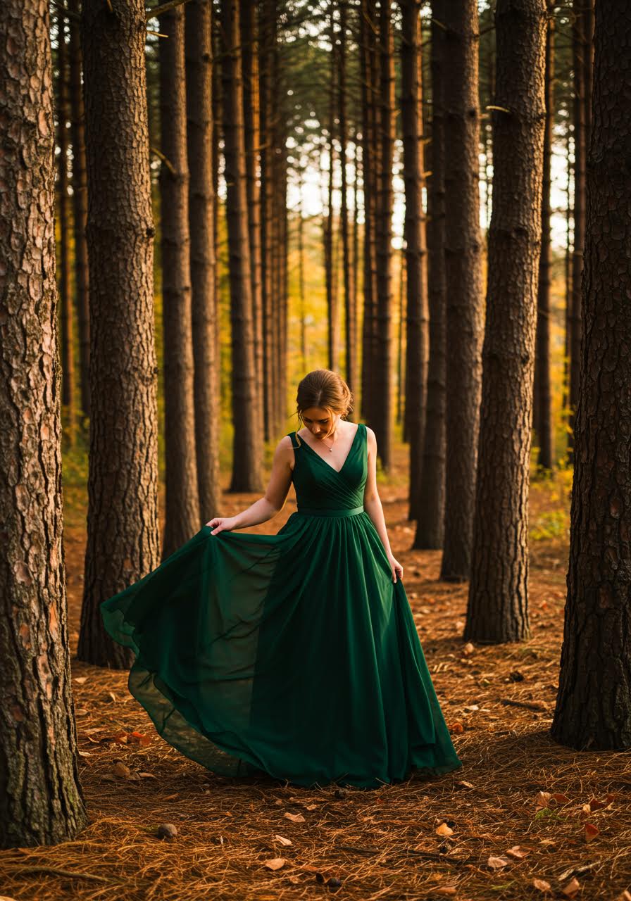Emerald green A-line bridesmaid gown in sunlit forest clearing with towering pine trees