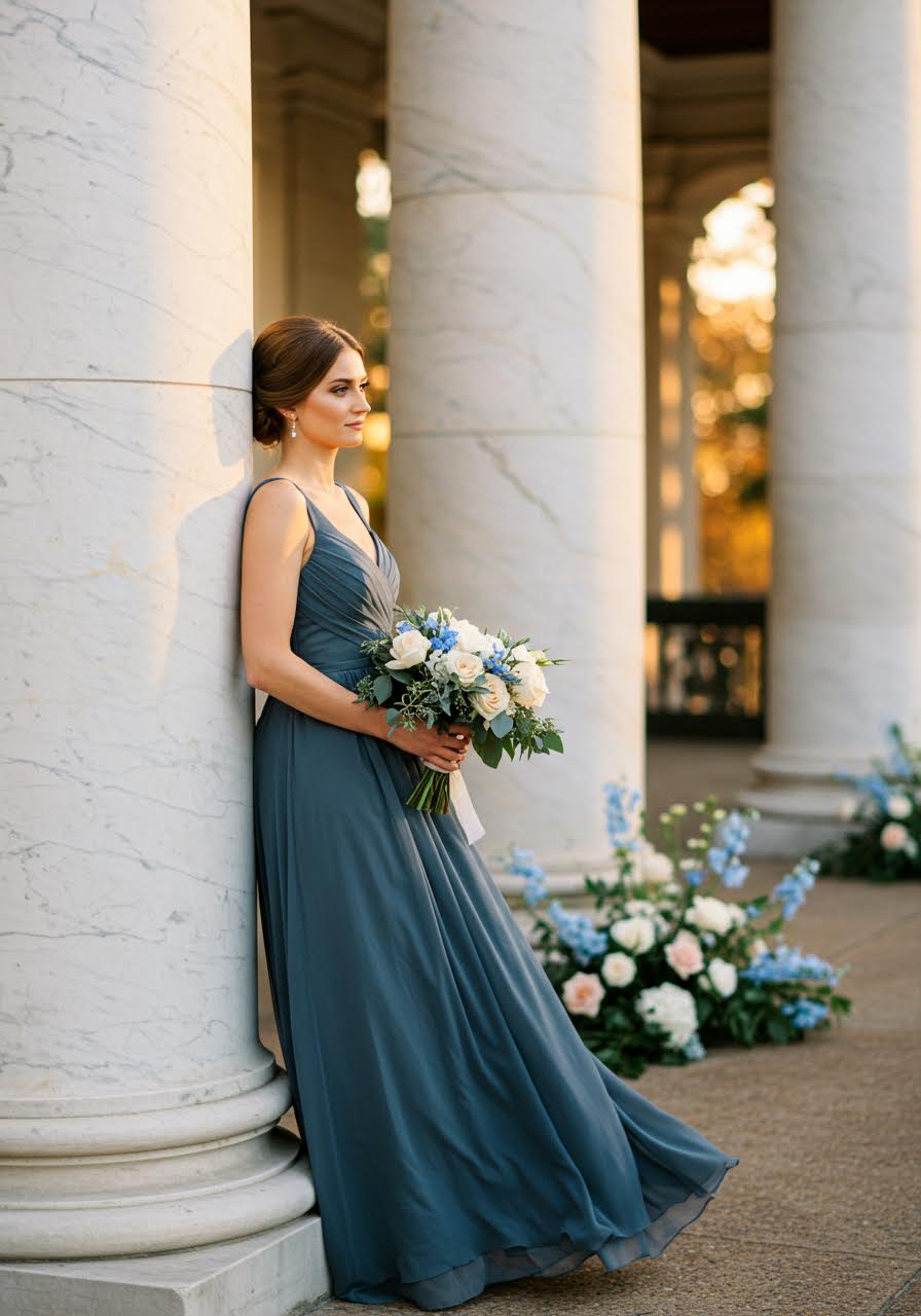 Steel blue chiffon bridesmaid dress with sweetheart neckline in marble courtyard