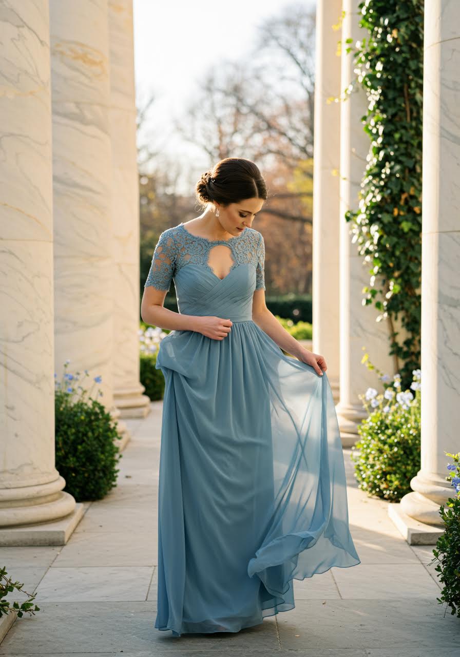 Dusty blue chiffon bridesmaid dress with delicate lace sleeves in marble column courtyard