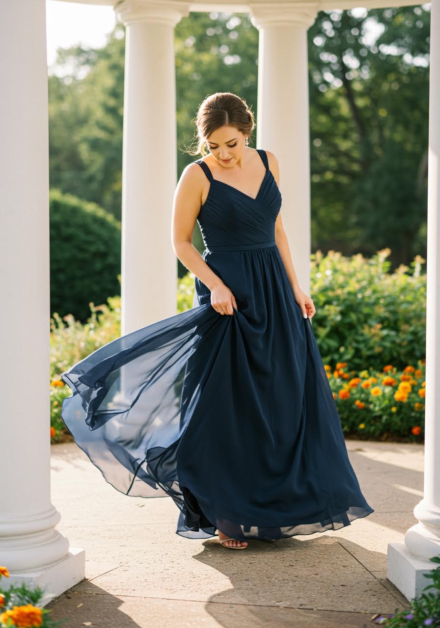 Navy blue chiffon bridesmaid dress in garden pavilion with white columns