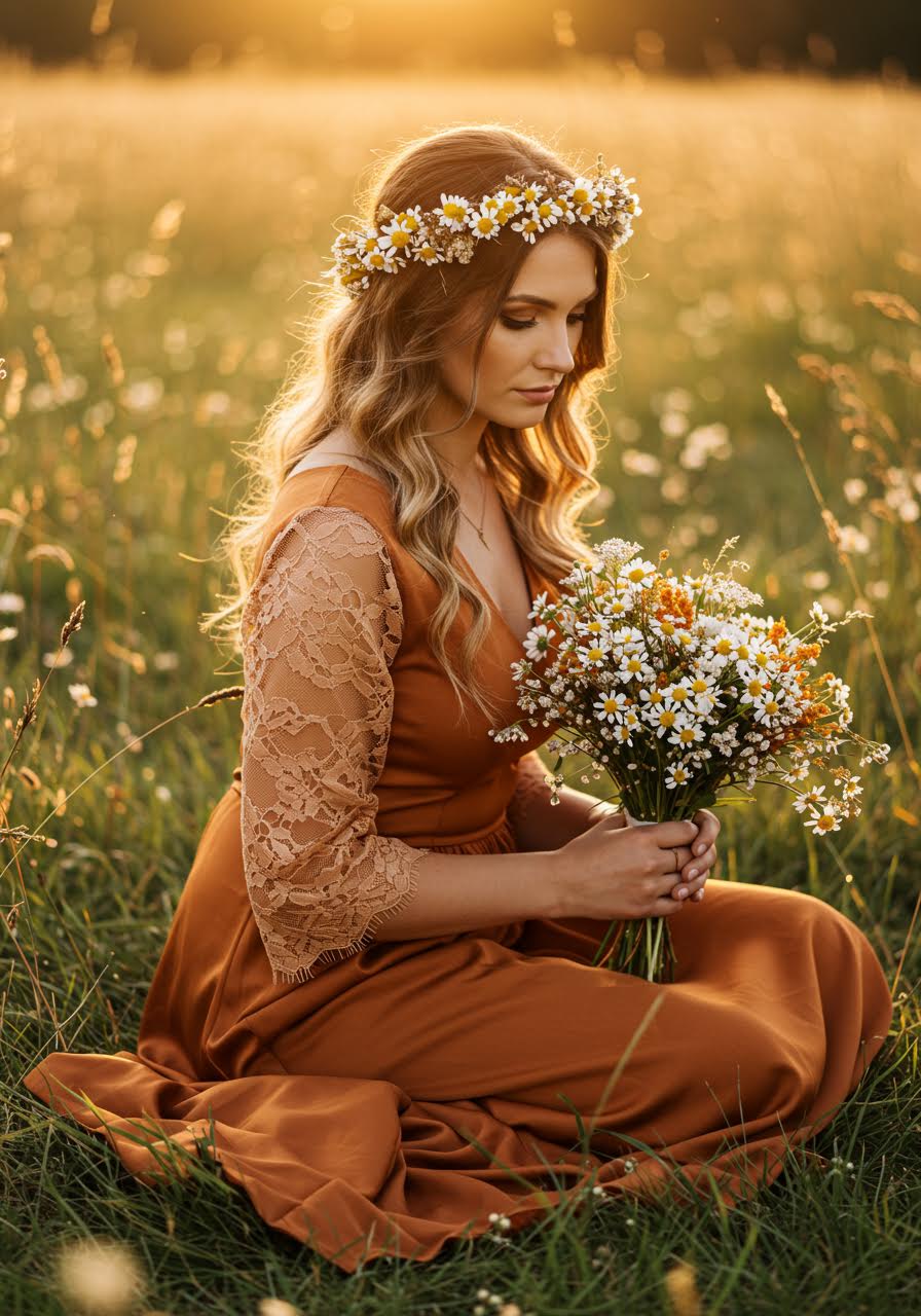 Rust orange bohemian bridesmaid dress with lace sleeves in wildflower meadow