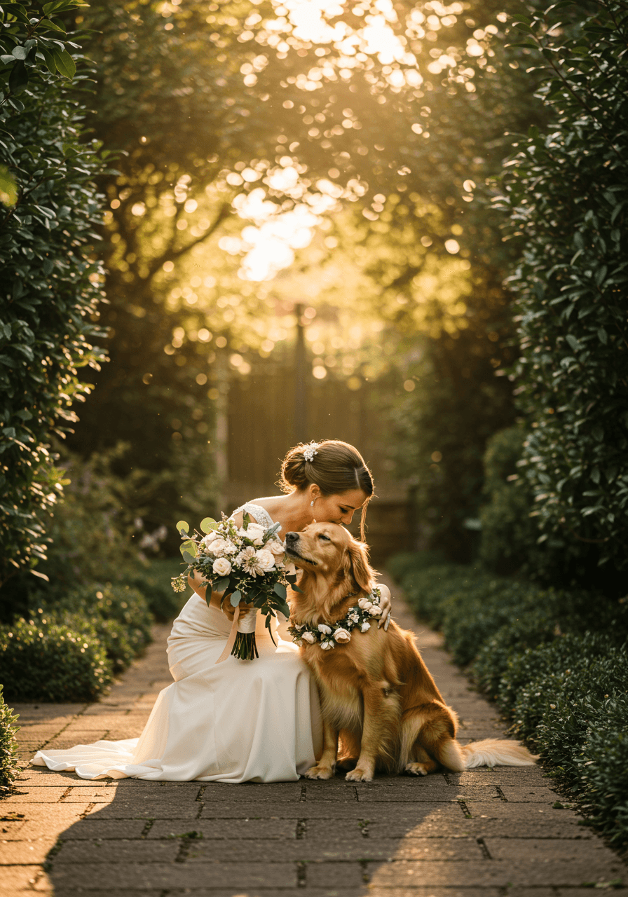 Bride in flowing white gown kneeling to embrace golden retriever wearing formal bow tie in sun-dappled garden during golden hour