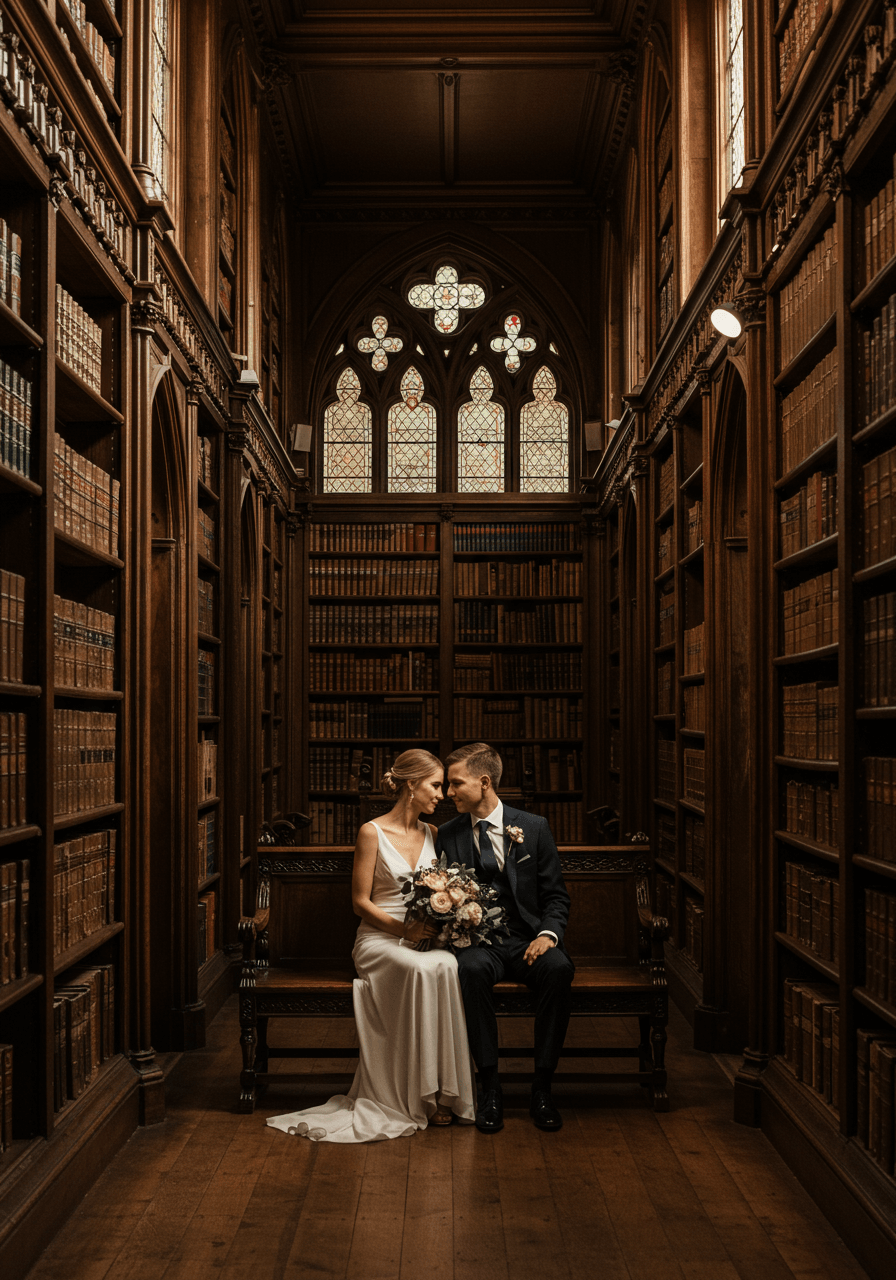 Bride and groom sitting close together on ornate wooden bench between towering mahogany bookshelves in grand historic library