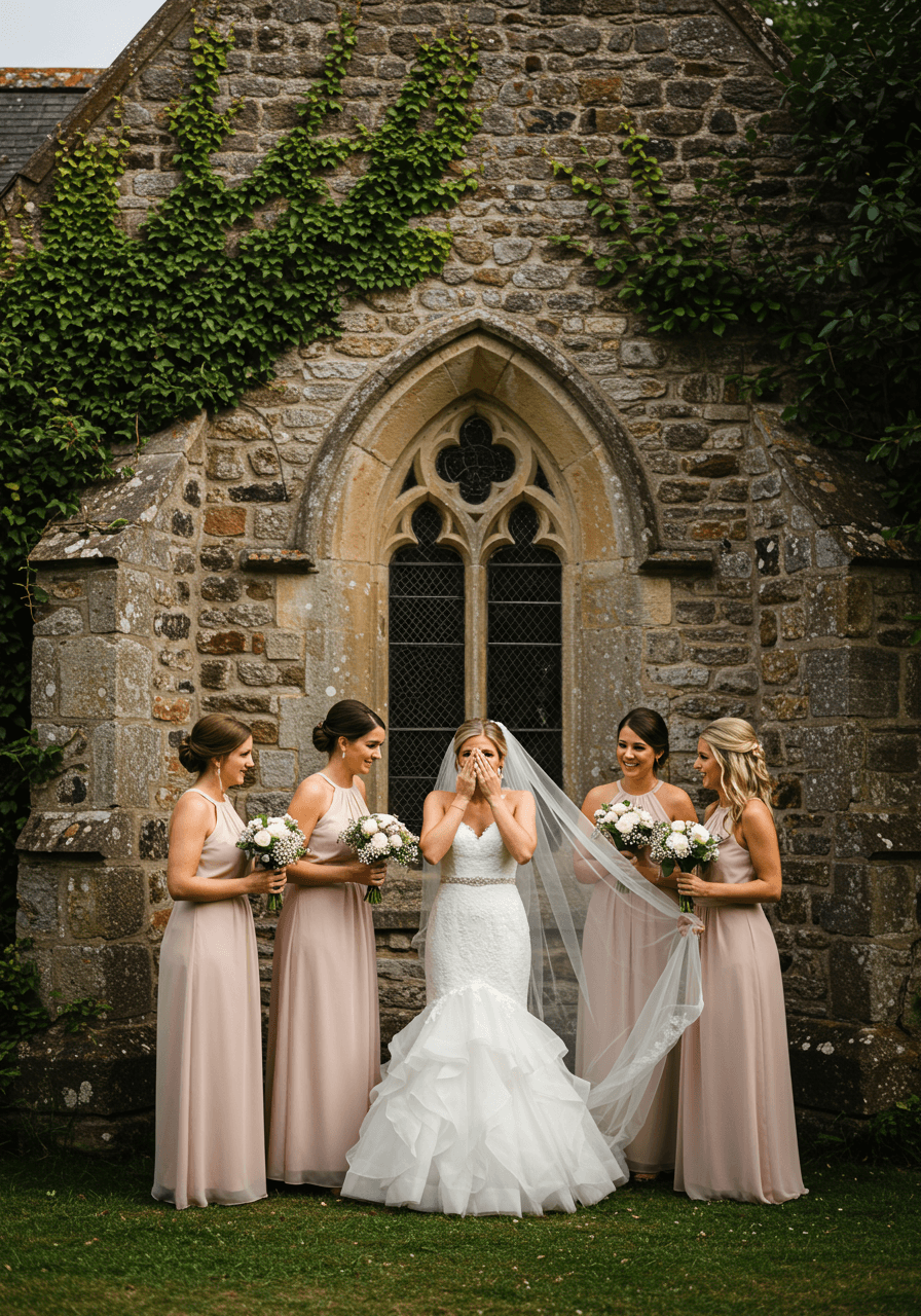 Bride with covered eyes being gently guided by bridesmaids around historic stone church corner during golden hour