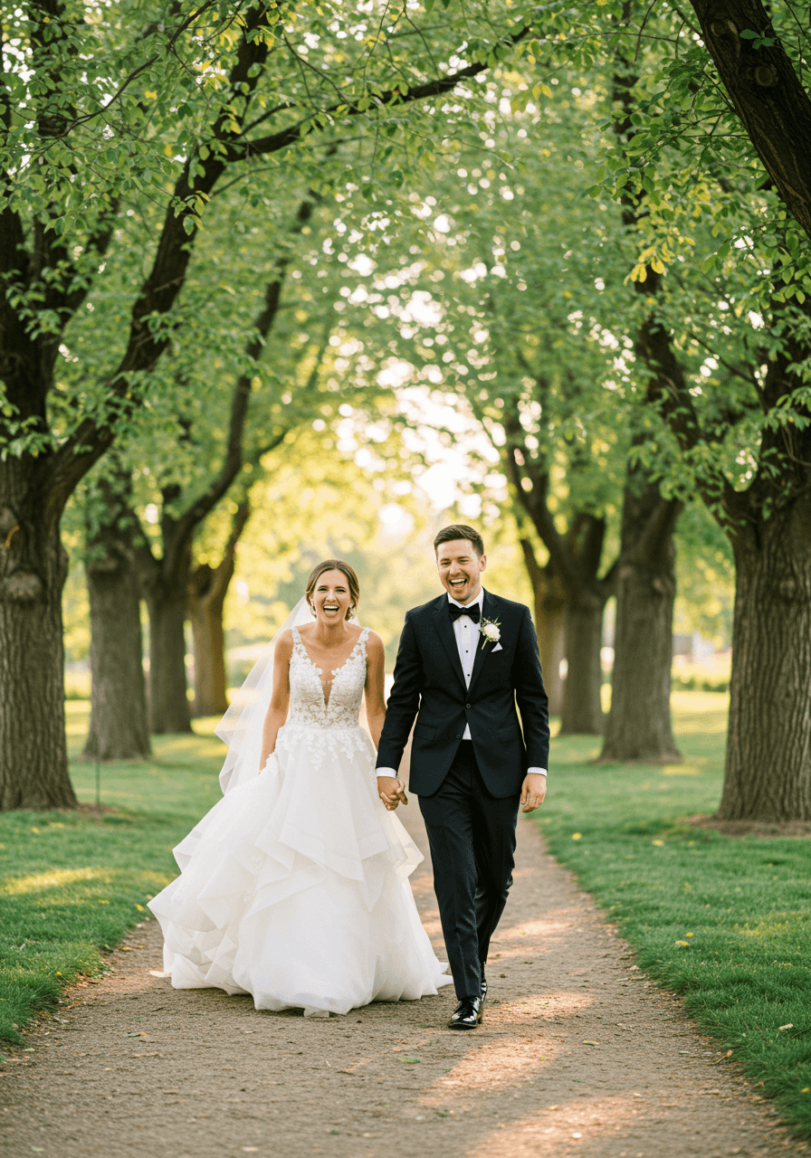 Bride and groom doubled over in uncontrollable laughter while walking down tree-lined garden path during golden hour