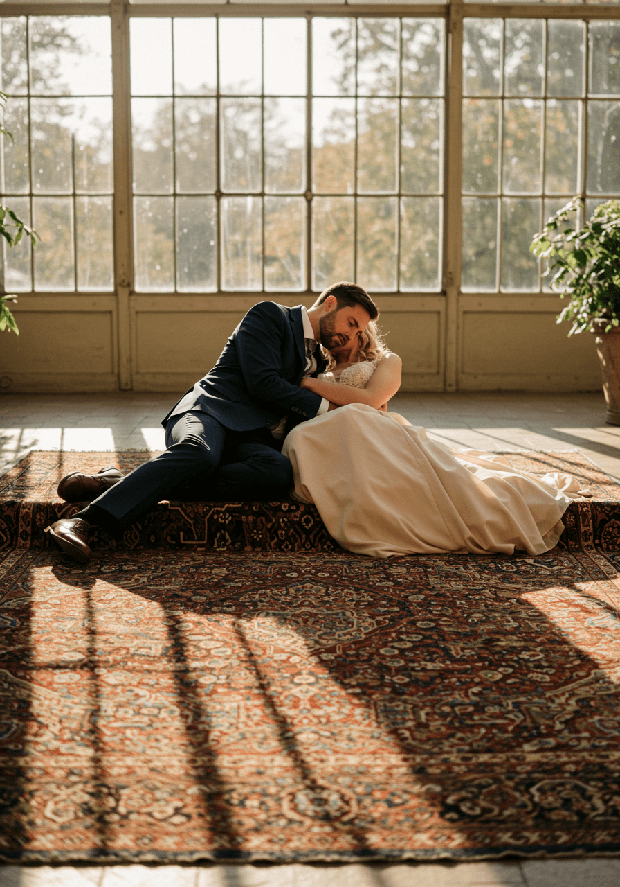 Bride in champagne gown and groom reclining intimately on ornate Persian rug in sunlit conservatory during golden hour