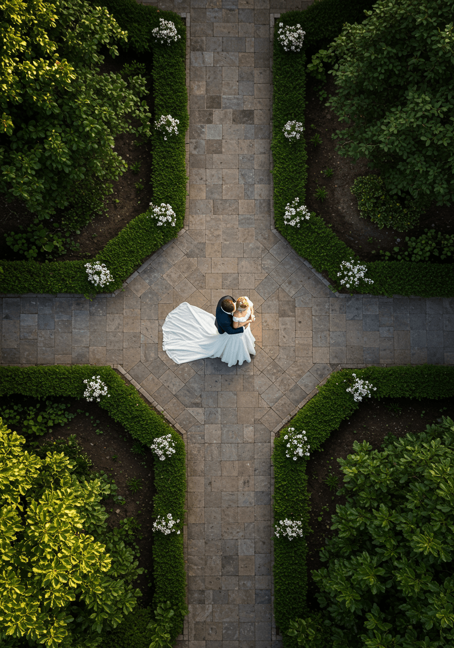 Aerial drone view of bride and groom embracing in secluded garden courtyard surrounded by lush greenery and stone pathways during golden hour