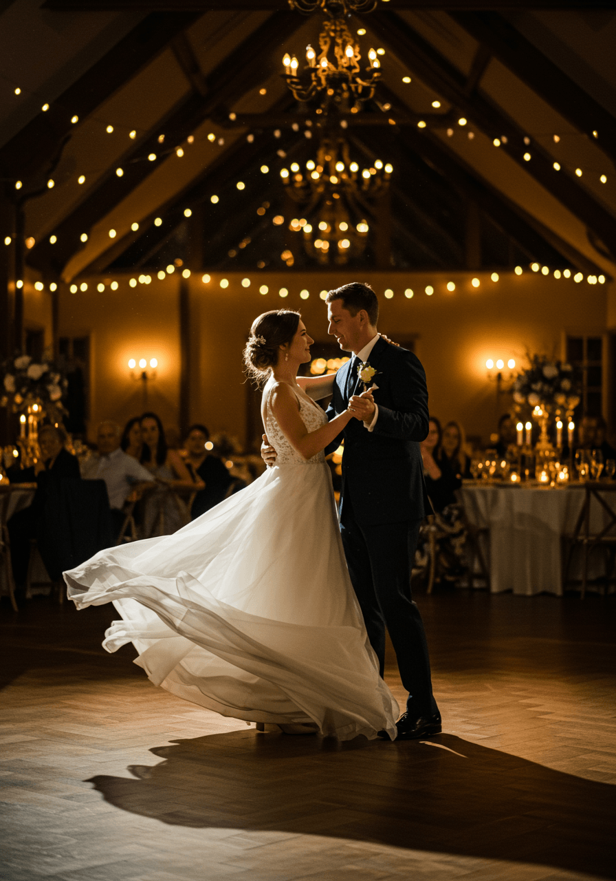 Bride and groom's elegant first dance captured with motion blur in romantically lit reception venue