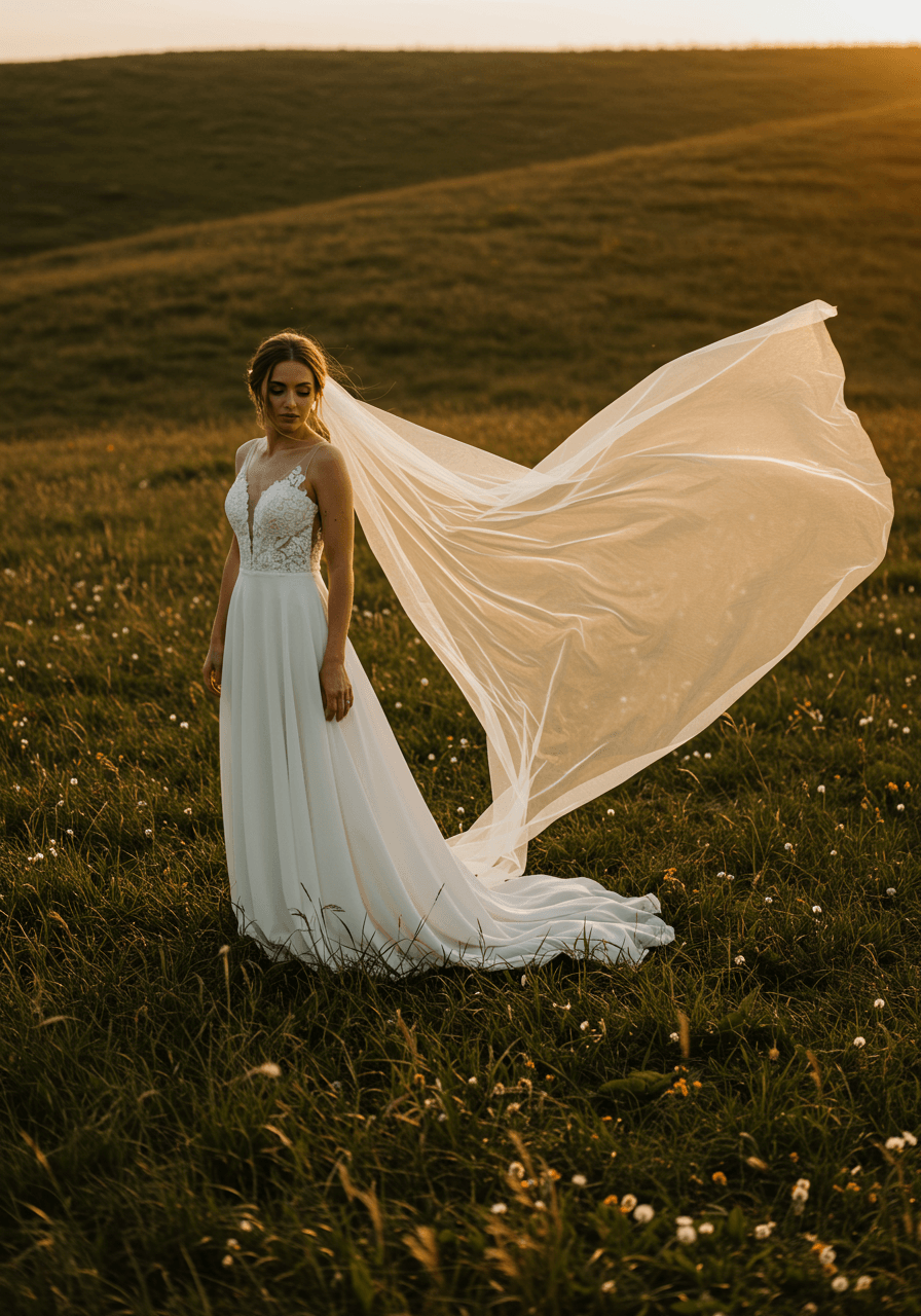 Bride in flowing gown with dramatic veil billowing in wind on hillside meadow during golden hour