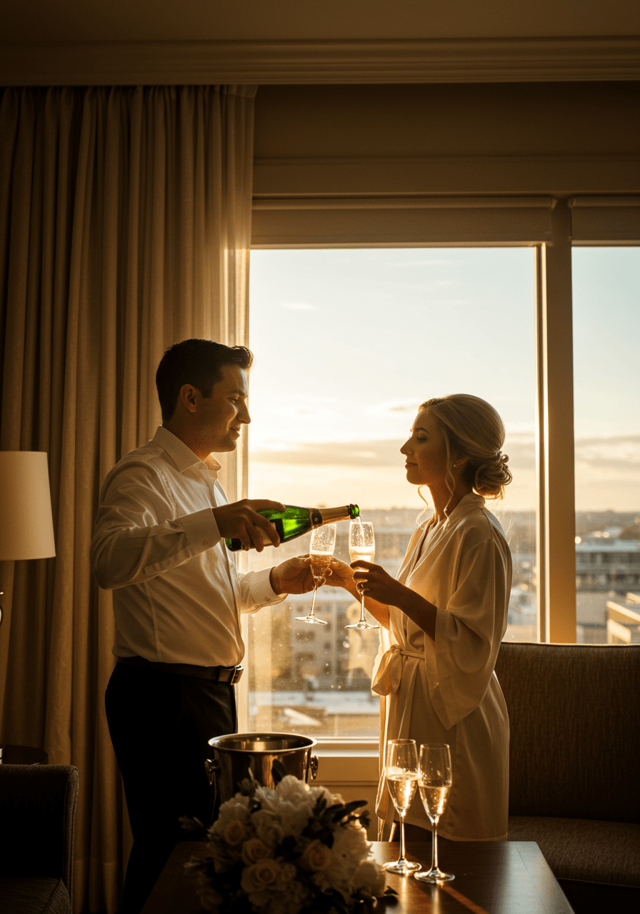 Groom pouring champagne for bride in luxurious bridal suite with floor-to-ceiling windows during golden hour toast
