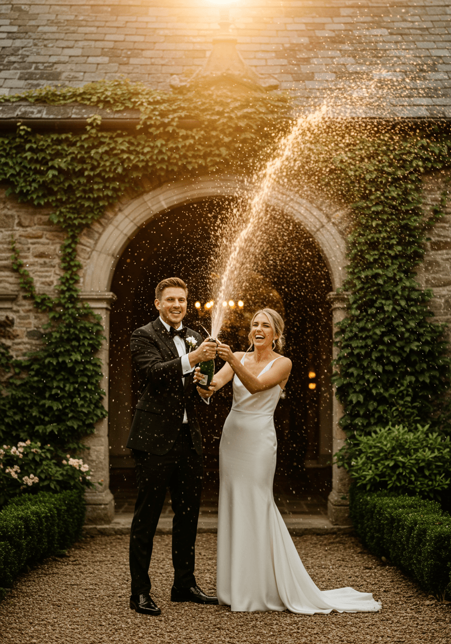 Bride and groom celebrating with sparkling champagne spray in lush garden courtyard with stone archways during golden hour