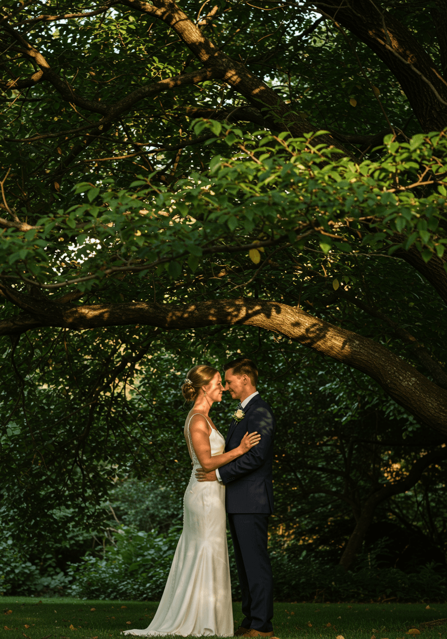 Bride and groom embracing under tree canopy with dramatic light and shadow patterns during golden hour