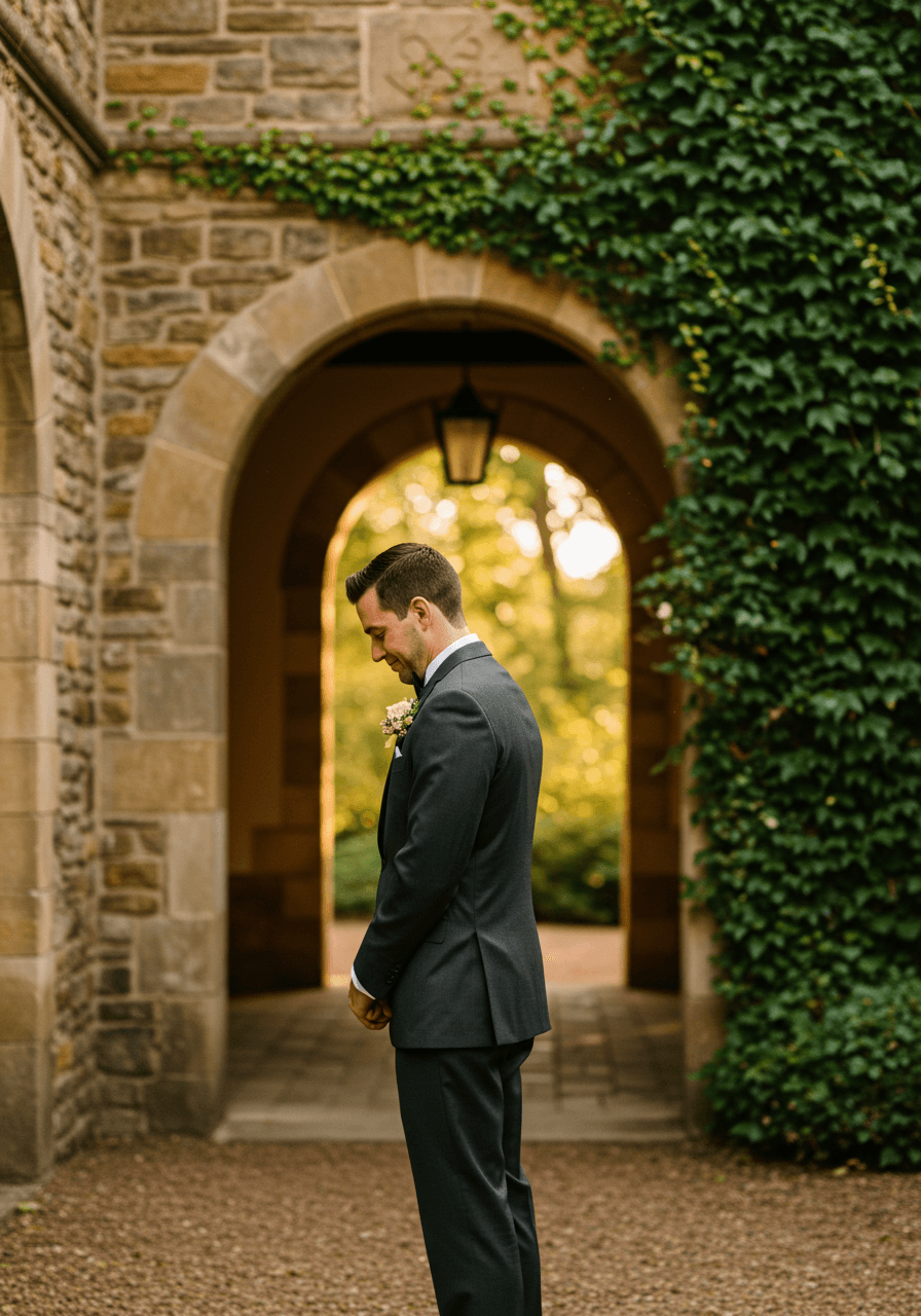 Groom in charcoal tuxedo waiting with hands clasped behind back in anticipation before first look in sunlit garden courtyard
