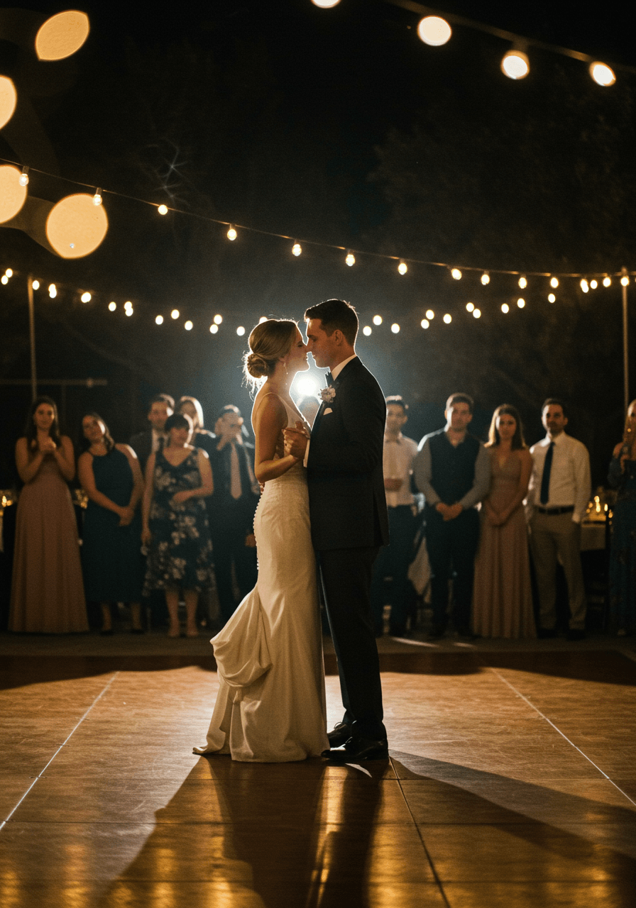 Bride and groom sharing intimate whisper while slow dancing surrounded by softly glowing string lights during evening reception