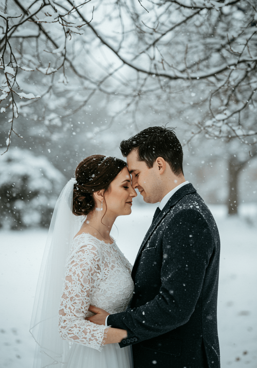 Bride and groom sharing tender eskimo kiss with noses touching in snow-dusted winter garden with bare tree branches