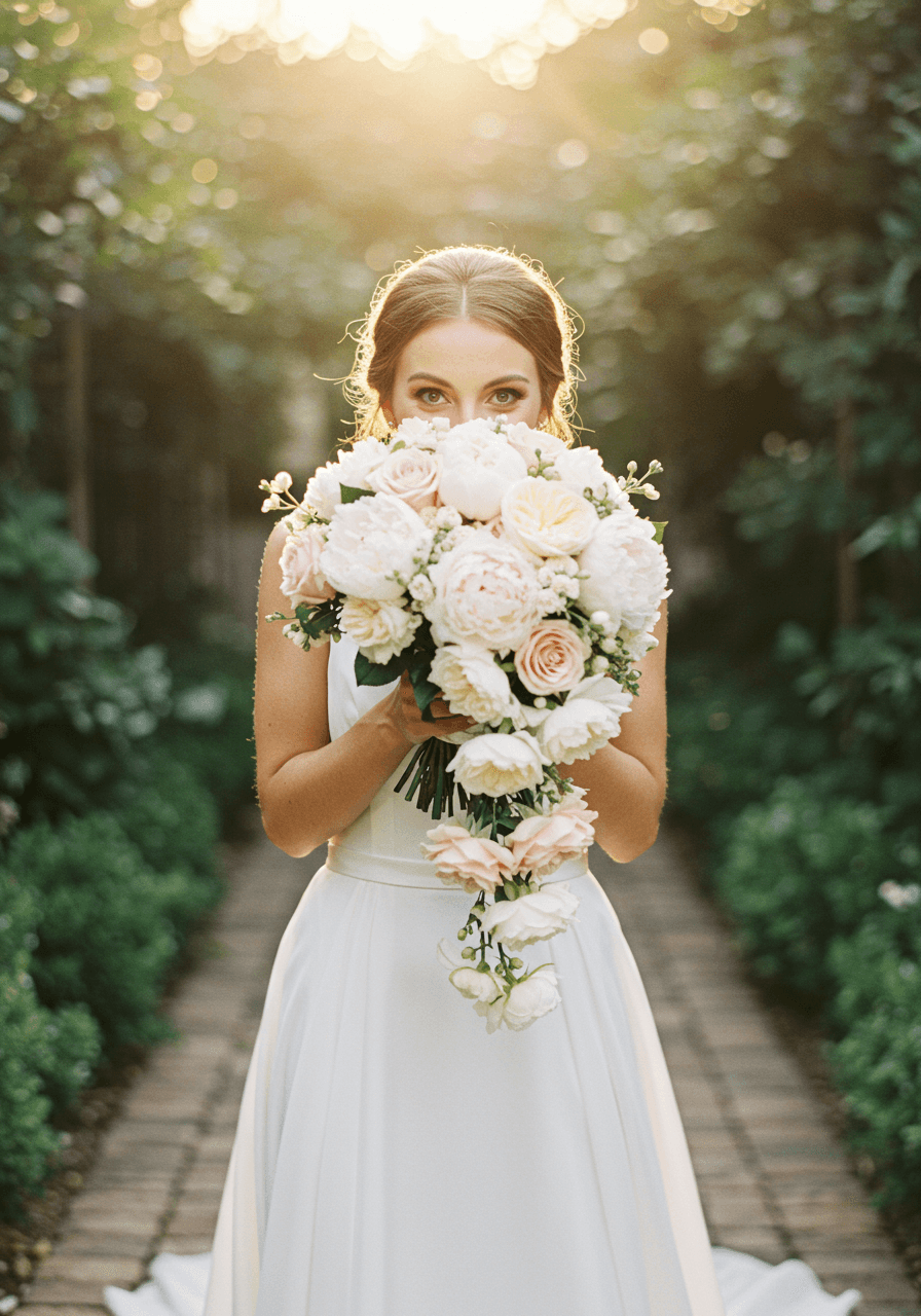 Bride playfully hiding behind white and blush bouquet with sparkling eyes and mischievous smile in garden during golden hour
