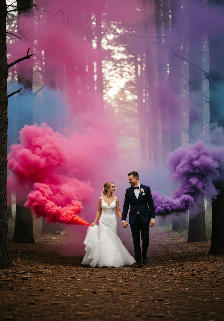 Bride and groom walking hand-in-hand through misty forest with vibrant colored smoke bombs during golden hour