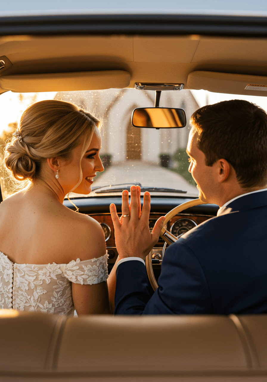 Newlywed couple's intertwined hands displaying wedding rings on steering wheel of getaway car during golden hour