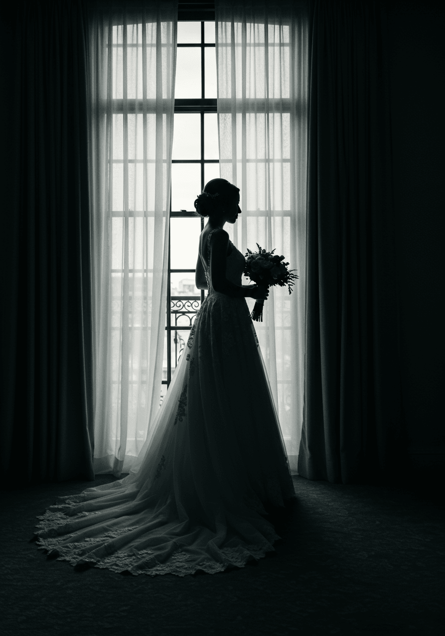 Bride in flowing gown creating dramatic silhouette by large window in luxurious bridal suite during overcast afternoon