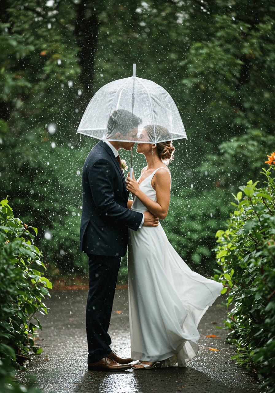Bride and groom sharing intimate kiss under clear umbrella in romantic garden during gentle rain shower