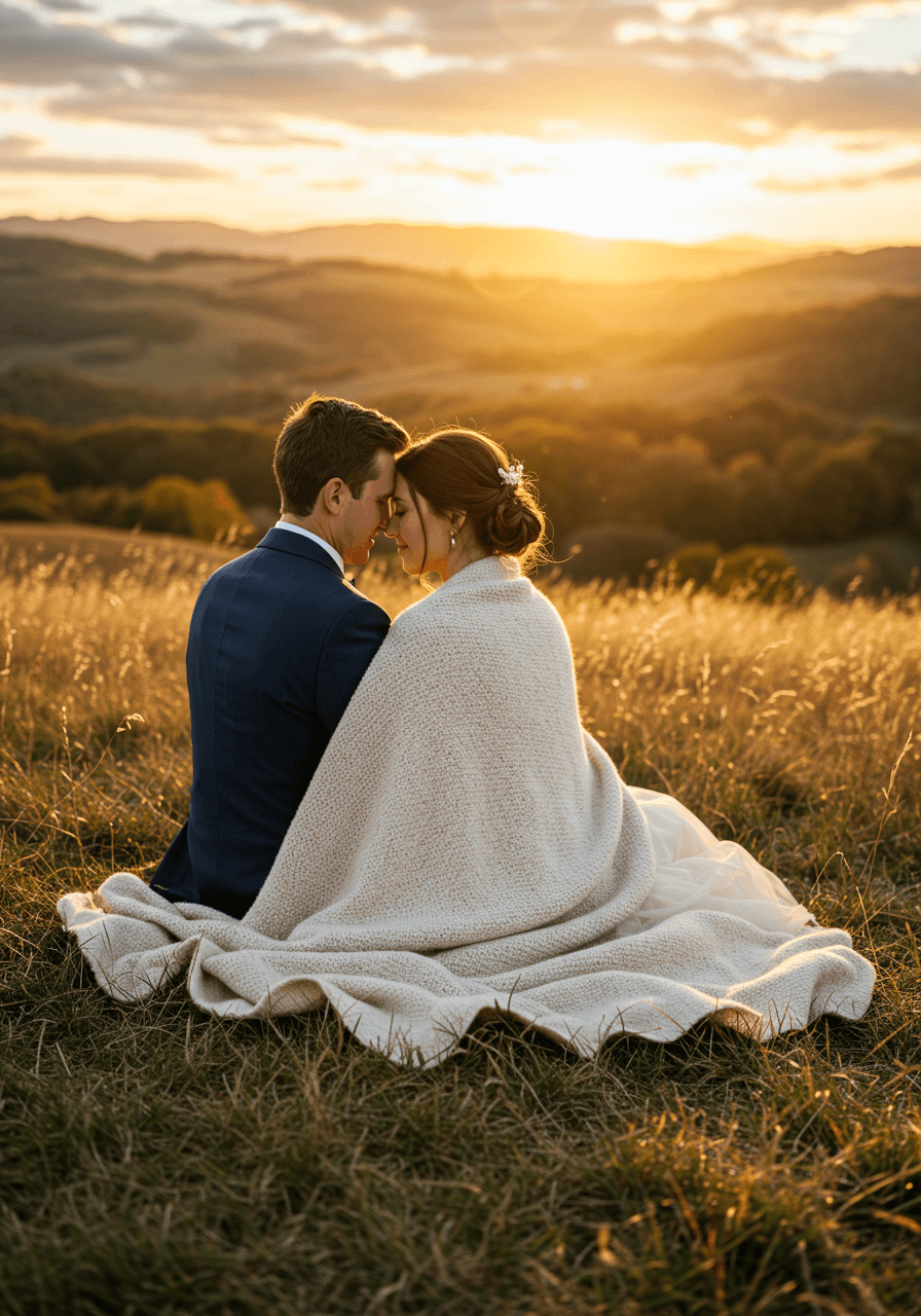 Bride and groom sharing soft wool blanket while sitting close together on grassy hillside overlooking valley during golden hour