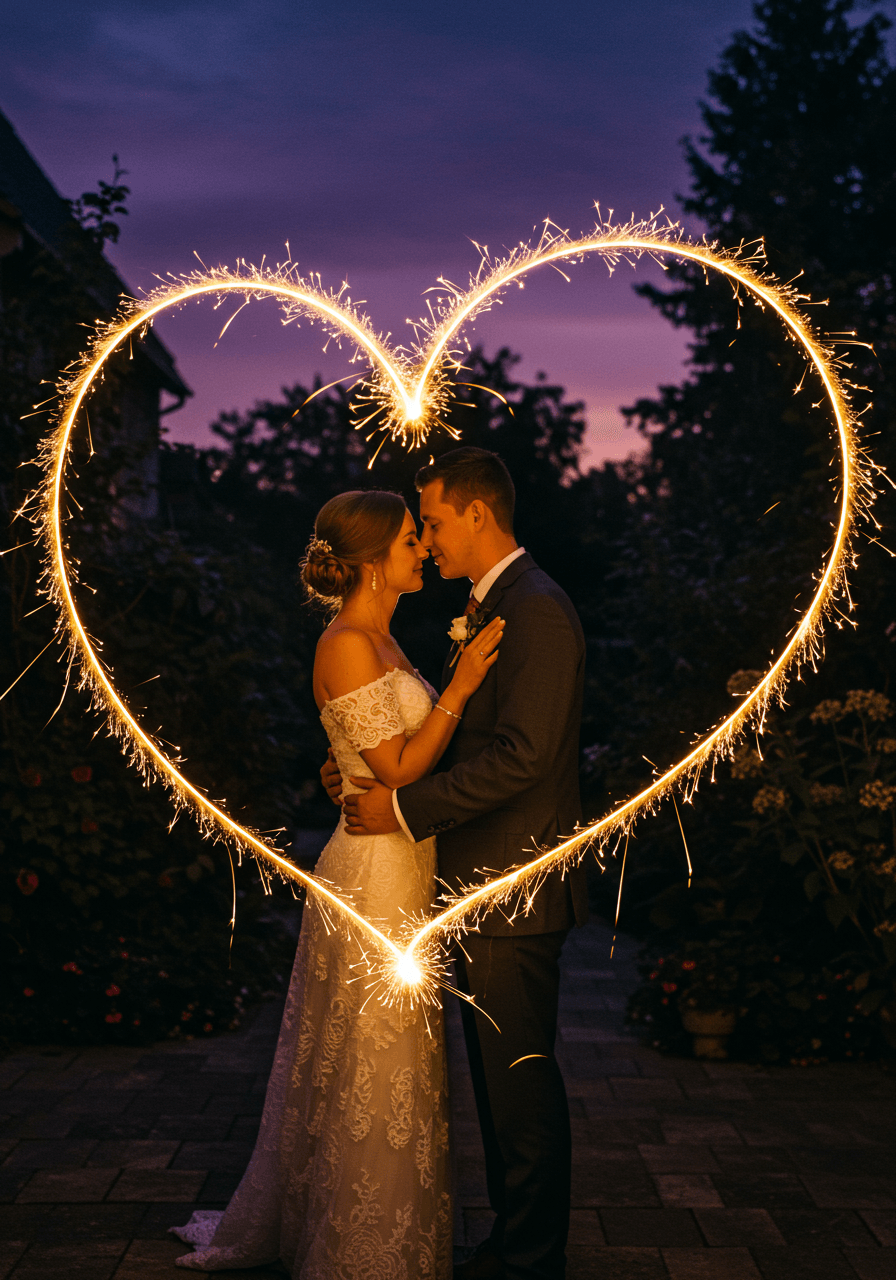 Bride and groom embracing while sparklers trace luminous heart pattern around them in garden during twilight