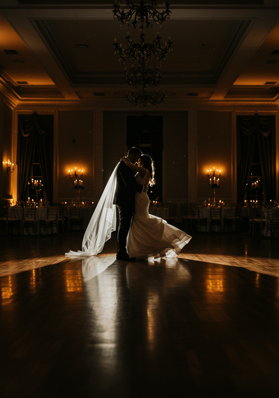 Bride and groom sharing final romantic dip on empty dimly lit dance floor in elegant ballroom during late evening