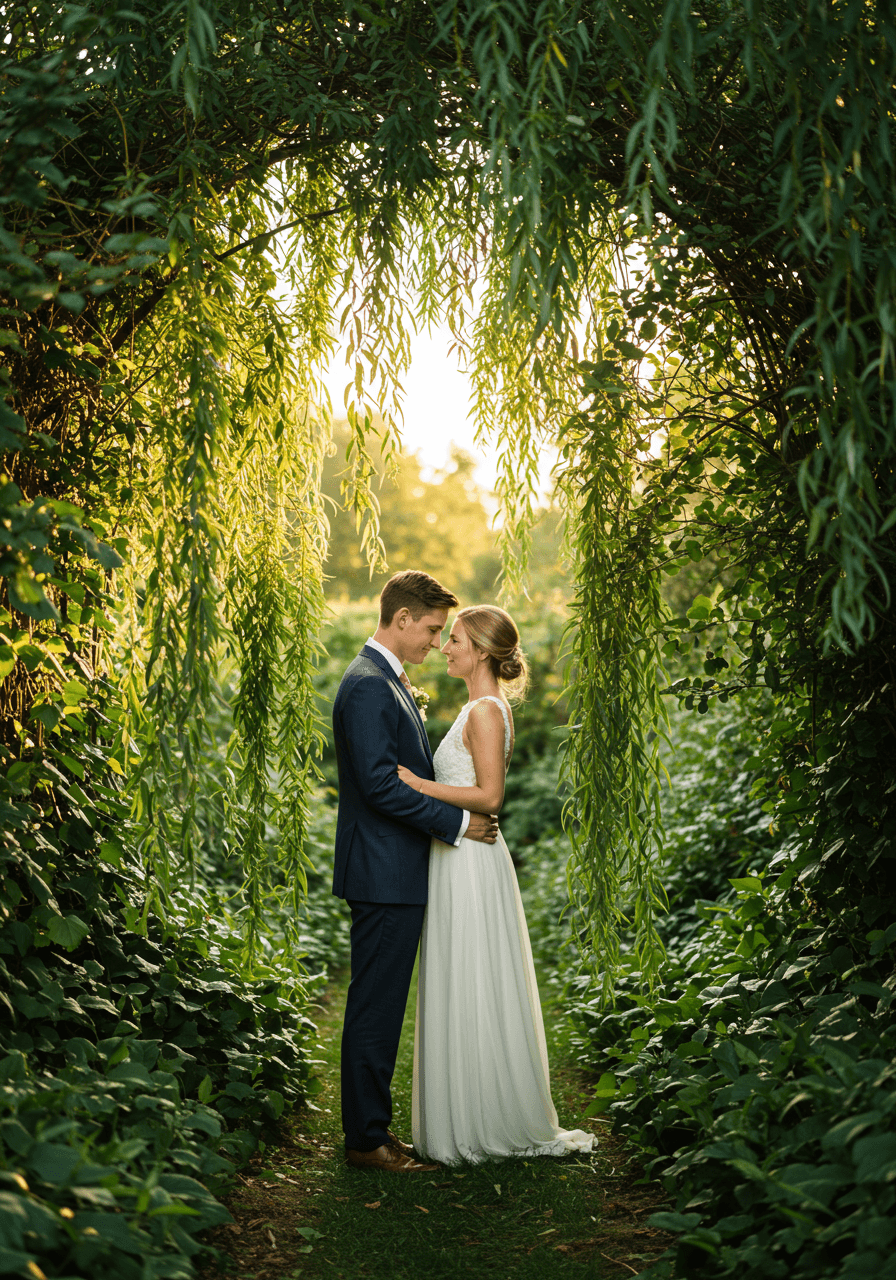 Bride and groom embracing behind natural curtain of hanging willow branches during golden hour in garden