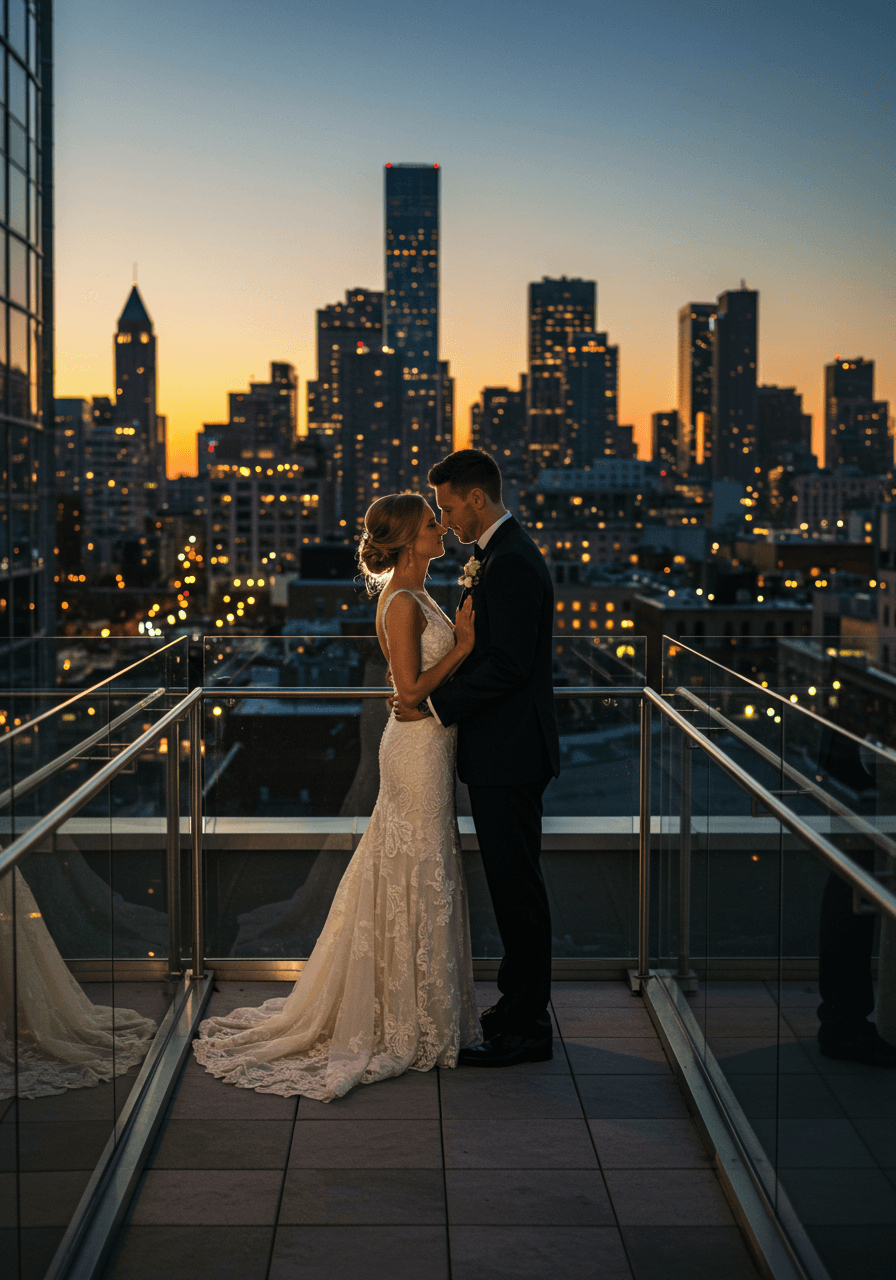 Bride and groom embracing on rooftop terrace with glittering city skyline during twilight hour