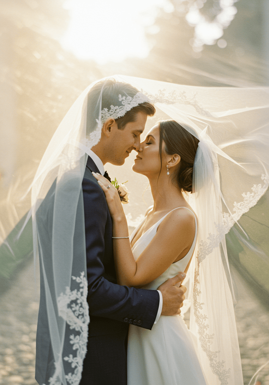 Bride and groom sharing intimate kiss beneath flowing cathedral veil in sunlit garden courtyard during golden hour