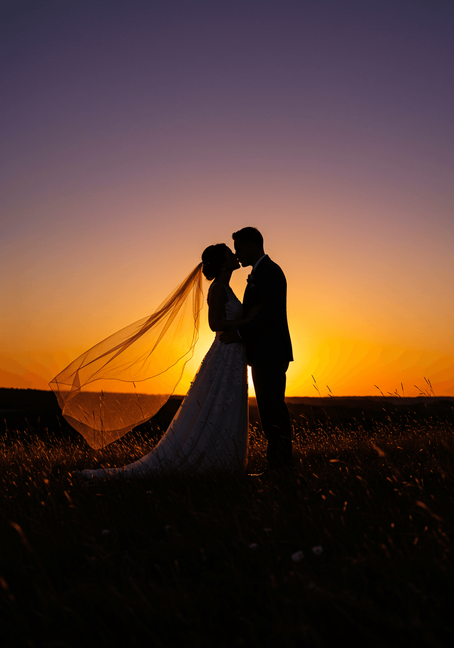 Bride and groom silhouetted against vibrant sunset sky while sharing intimate kiss on hilltop during golden hour