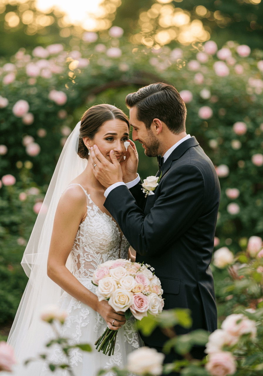 Groom gently wiping away bride's single tear of joy in garden courtyard surrounded by blooming roses during golden hour