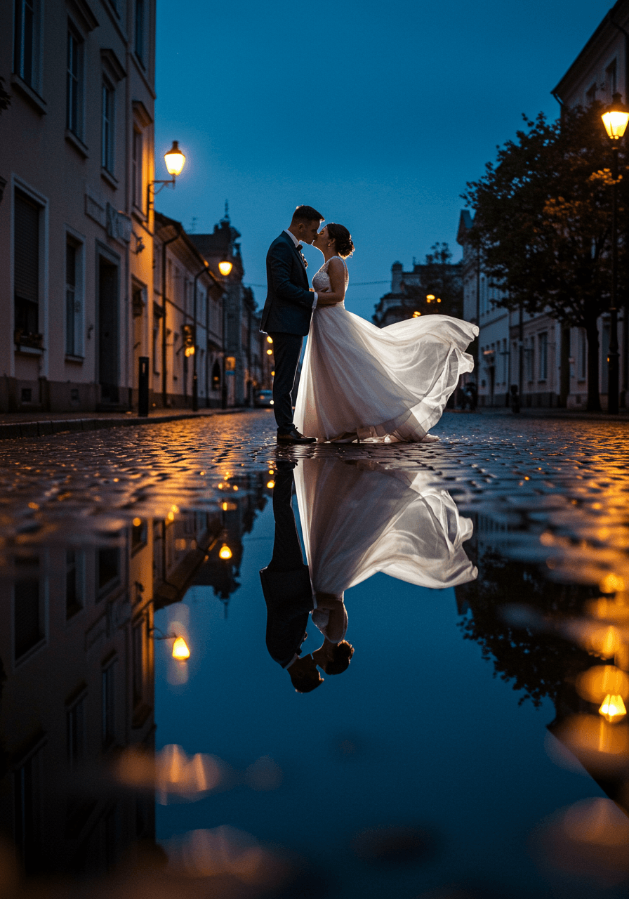 Bride and groom kissing with perfect reflection in cobblestone puddle during blue hour twilight after rain