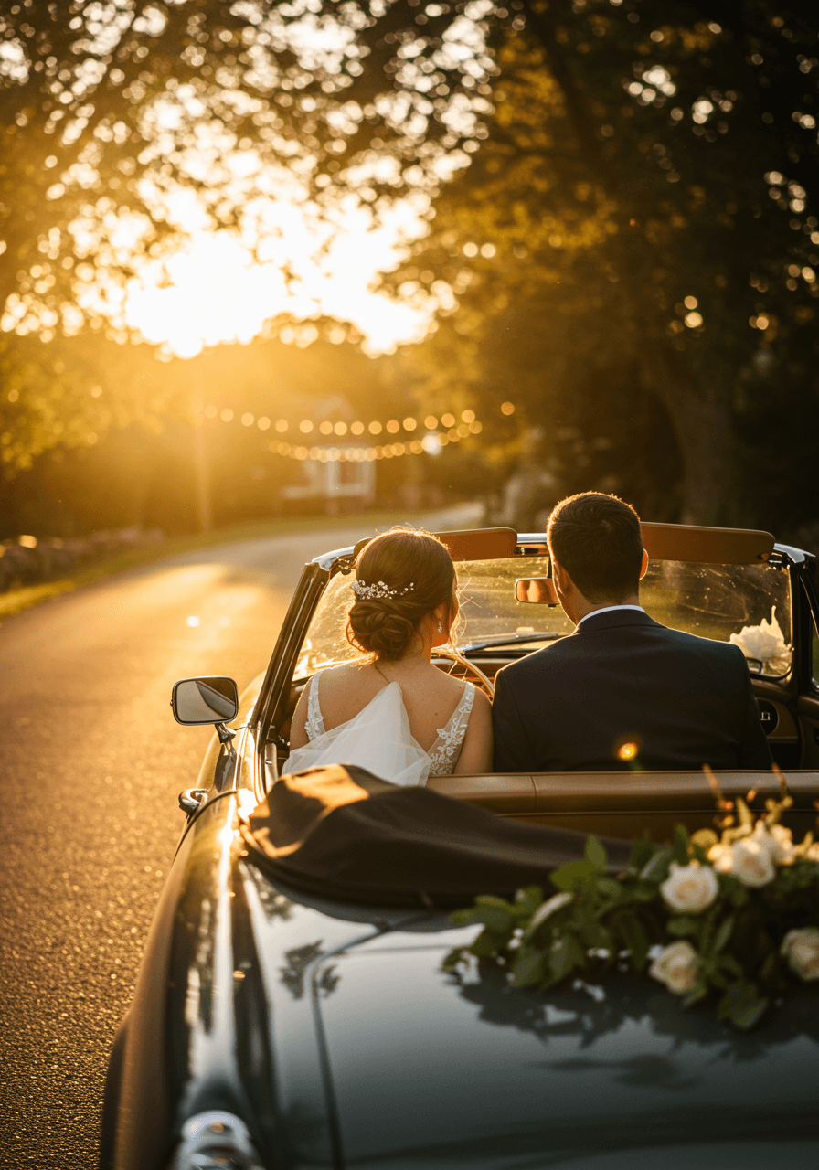 Bride and groom looking back through rear window of vintage convertible getaway car during golden hour departure