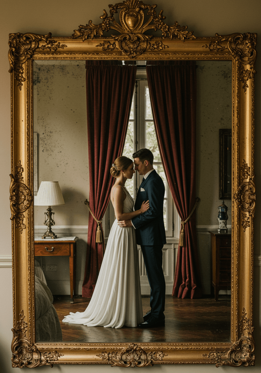 Bride and groom reflection captured in ornate antique mirror with gilded baroque frame in elegant vintage bridal suite