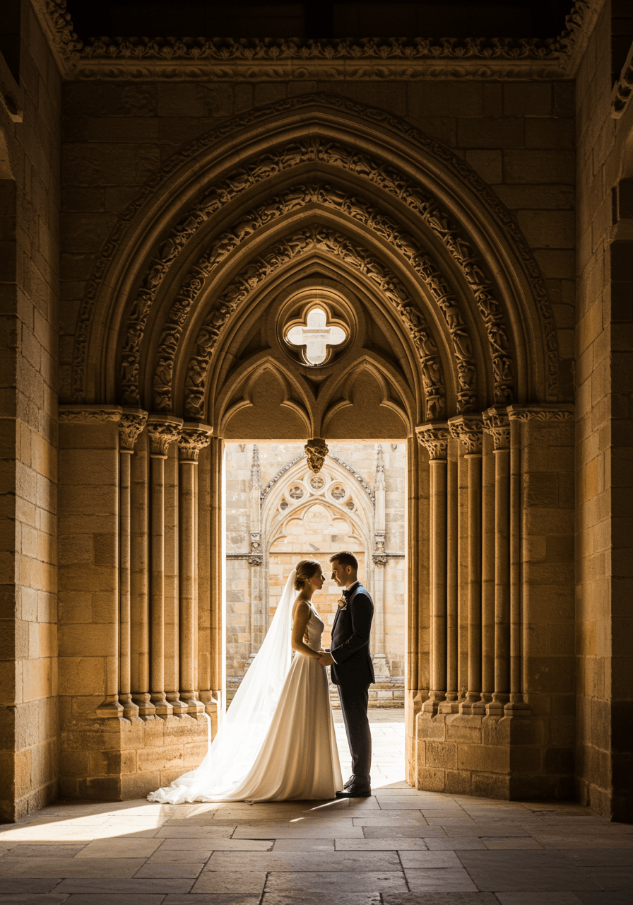 Bride and groom standing intimately within ornate stone archway of historic cathedral during soft afternoon light