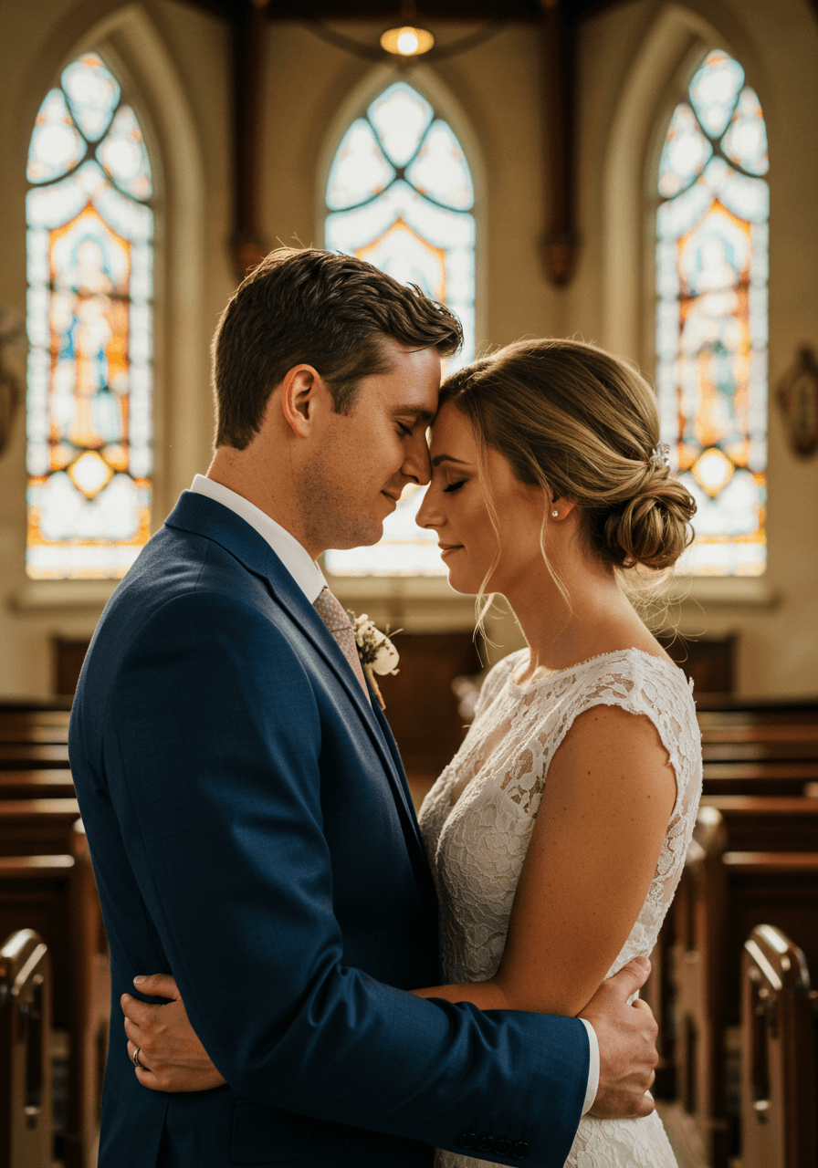 Groom pressing forehead against bride's in serene moment in sunlit chapel with stained glass windows during late afternoon