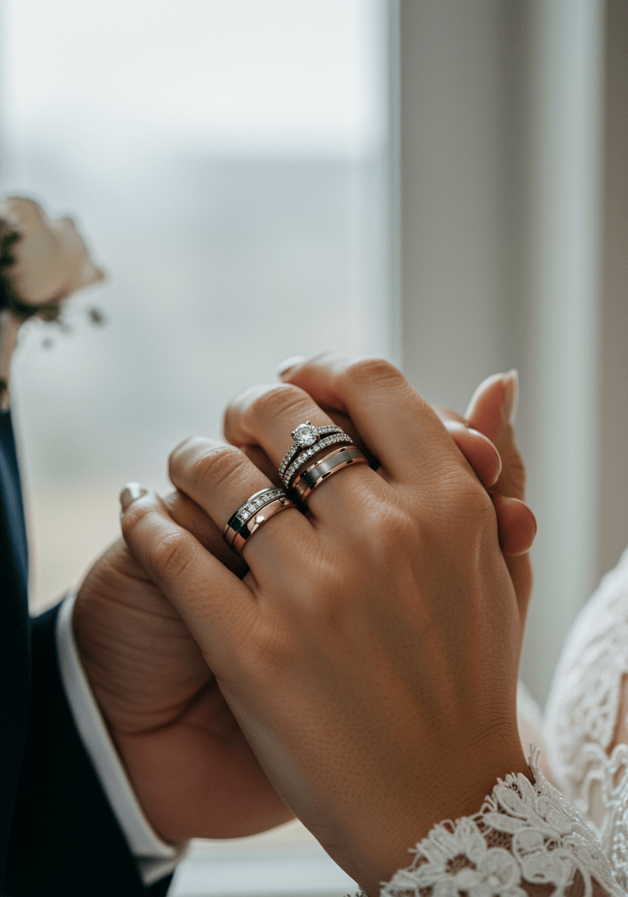Extreme close-up macro shot of bride and groom's intertwined hands showcasing sparkling new wedding rings against softly lit window