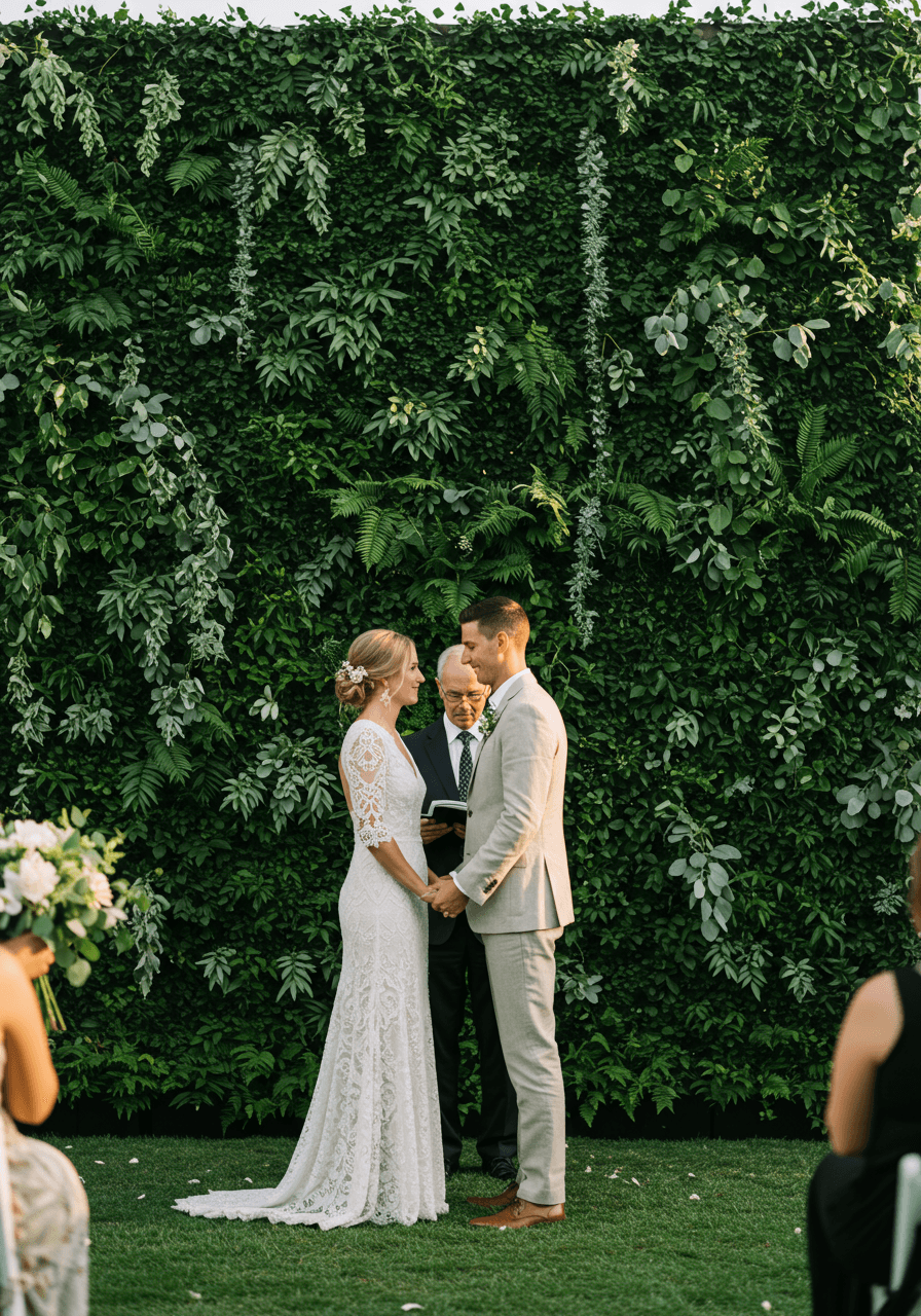 Couple exchanging vows in front of lush cascading eucalyptus and ivy green wall backdrop