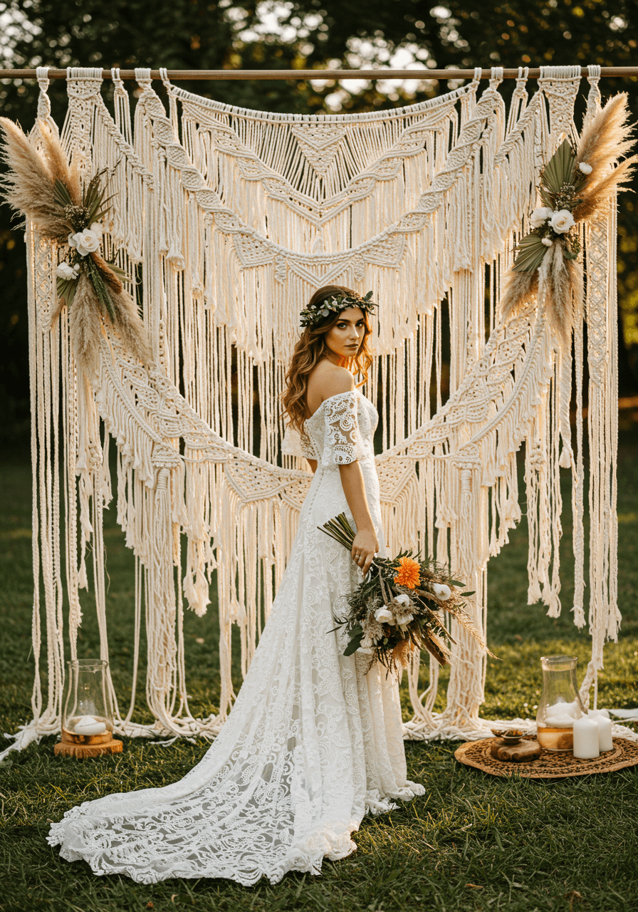Bohemian bride in lace dress before elaborate macramé backdrop with geometric patterns during golden hour