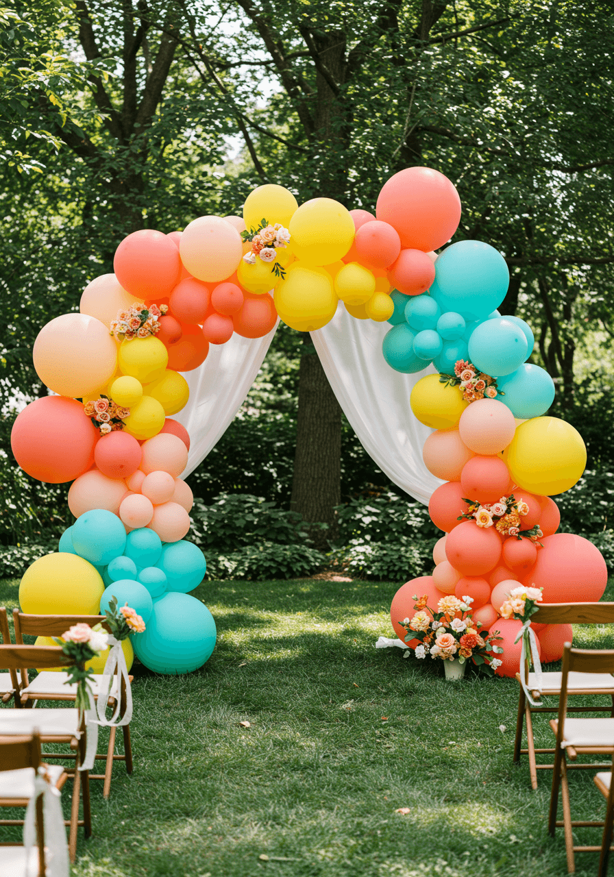 Vibrant colourful balloon arch in coral pink, yellow, turquoise and peach at outdoor garden wedding ceremony